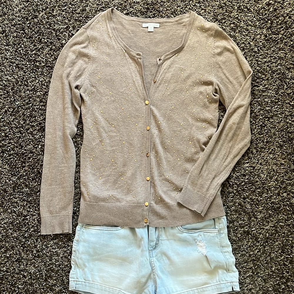 New York & Company Taupe Tan Cardigan with Gold Accents & Buttons, Size Medium